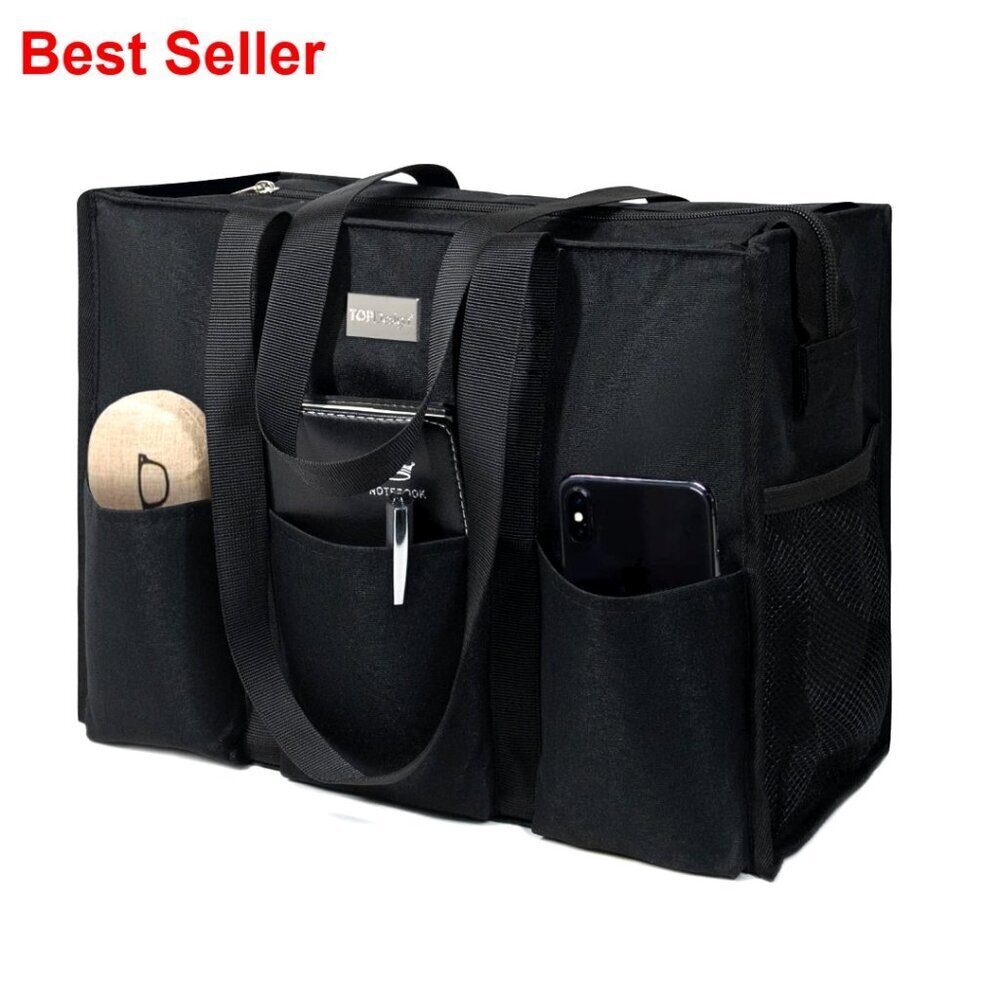 Water Resistant Tote Bag with 13 Pockets, Top Zipper, Thick Bottom Support